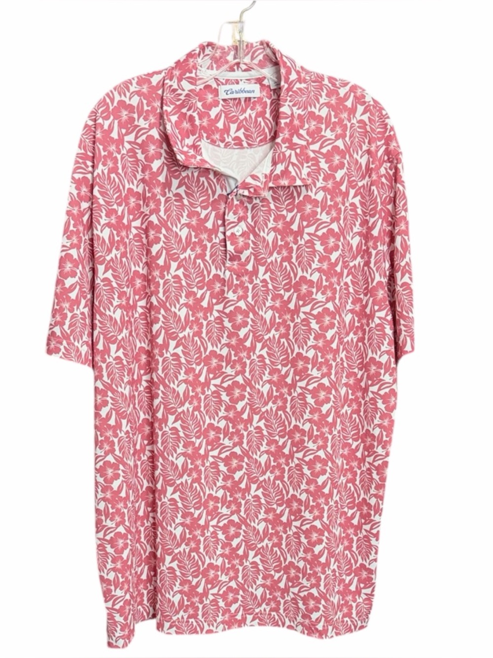 Caribbean Pink Tropical Print Polo Shirt Men’s Short Sleeve Resort Golf Casual
